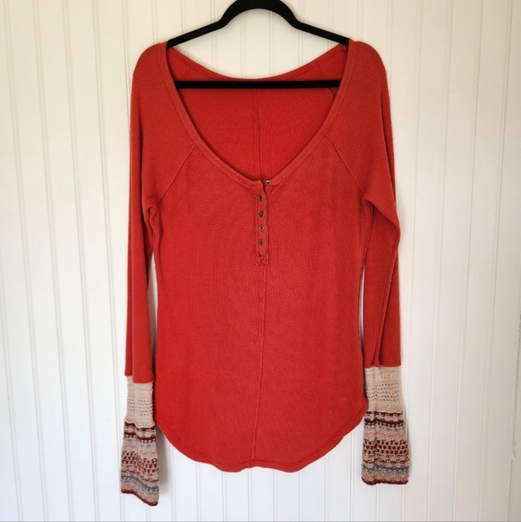 Free People Orange Henley with Patterned Sleeves - Picture 2 of 5